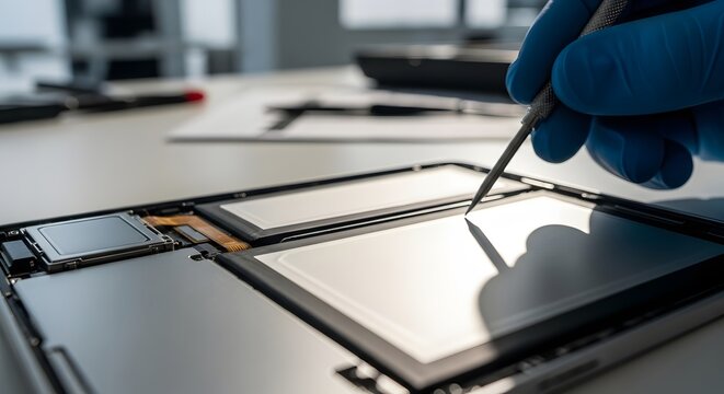 A gloved hand using a tool to repair an open tablet showing the internal components on a white surface - Powered by Adobe