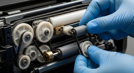 A technician repairing a printer mechanism with gears rollers and belts wearing blue protective gloves