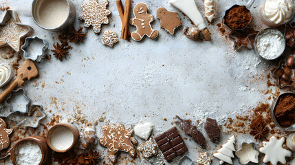 Festive kitchen holiday border with cookie cutters, chocolate pieces, sugar glaze and gingerbread crumbs 