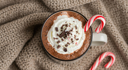 Traditional Christmas Drink with Candy Cane and Chocolate Chips on Wood