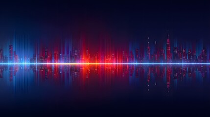 Abstract neon cityscape silhouette reflects across dark water creating an energetic light pulse