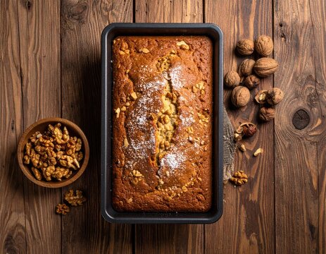 Freshly baked loaf cake and walnuts on wood table