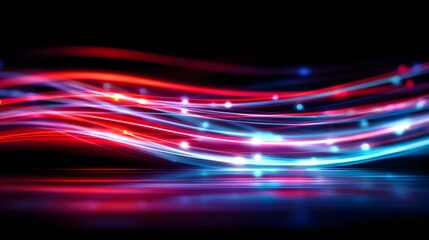 Wavy streams of intense red and cyan light flow across a dark, reflective surface.