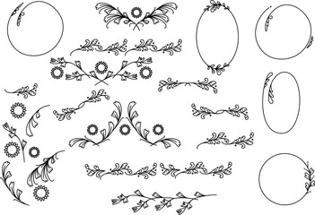 Collection of hand drawn line art floral elements with leaves and geometric frames. vector Botanical ornament for greeting card, wedding invitation, menu design.