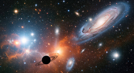 Enigmatic dark ringed planet orbits amidst glowing nebulae, distant galaxies, and countless stars in a vast cosmic expanse.