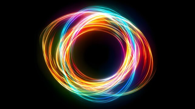 Multicolored light trails form an elliptical ring shape against a dark background - Powered by Adobe