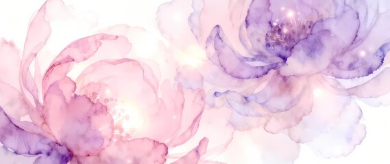 ピンクと紫の花の水彩画風イラスト、パステルカラーの花柄壁紙