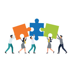 Team collaboration connecting puzzle pieces, partnership solution strategy