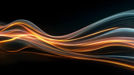 Glowing abstract light streams flow across a dark background in undulating patterns
