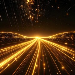 Abstract golden pathways lead toward bright horizon