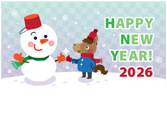 雪だるまと馬さんの年賀状（冬・ほのぼのイラスト）