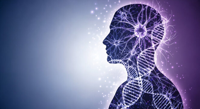 Human Profile Silhouette with DNA and Neurons: Brain, Mind, Genetics, and AI Concept