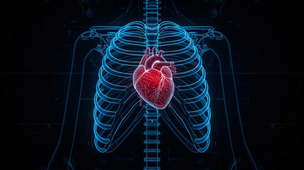 Futuristic medical visualization of a glowing red human heart inside a blue digital ribcage. 3D cardiology and diagnostic concept.