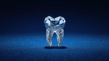 Exquisite diamond or crystal tooth illustration on textured dark blue background. Concept of strong enamel, premium dental care and precious health.