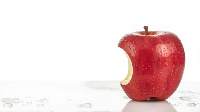 Fresh shiny red apple with a bite mark isolated on white. Healthy snack, diet and dental care concept with copy space.