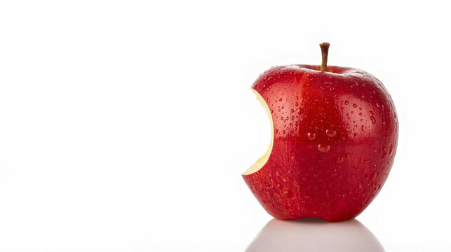 Fresh shiny red apple with a bite mark isolated on white. Healthy snack, diet and dental care concept with copy space.