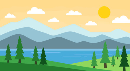 Flat illustration of a sunny mountain lake scene with layered hills and evergreen trees