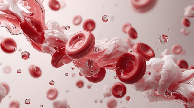 Surreal 3D illustration of glossy red blood cells mixing with creamy liquid and bubbles. Concept of cellular regeneration, skincare or PRP therapy.