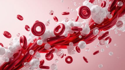 Surreal 3D illustration of glossy red blood cells mixing with creamy liquid and bubbles. Concept of cellular regeneration, skincare or PRP therapy.