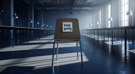 Empty Classroom Chair with Keep Going Note in Sunlight, indoors