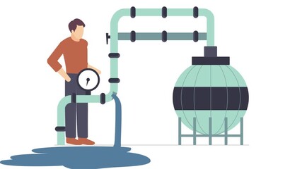 Engineer Repairing spherical Gas Tank pipes animation, pipefitter dealing with marine piping system animated video, plumbing worker Clip, Handyman Services footage, HVAC technician motion graphics
