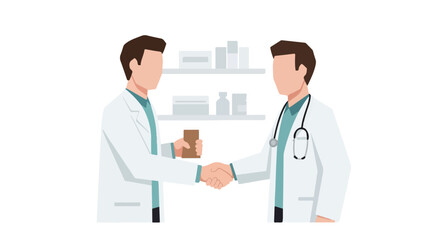 Doctors shaking hands in a medical setting, representing healthcare collaboration and professional agreement, with shelves of medicine in the background
