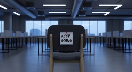 Empty office chair with motivational "Keep Going" note in the workplace
