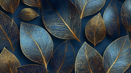 Ornate botanical pattern displays deep blue foliage accented with intricate golden vein detailing