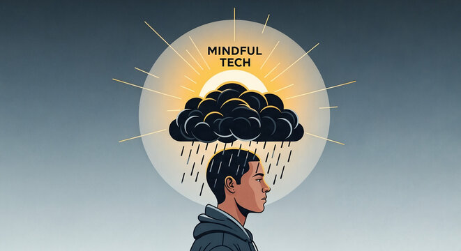 Mindful Technology and Digital Wellbeing: Man Under Rain Cloud with Sun and Tech Text