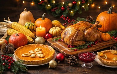 Traditional Thanksgiving or Christmas feast with roasted turkey and pumpkin pies. Festive holiday dinner table decoration on wood.
