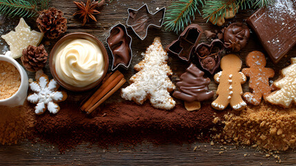 Festive kitchen holiday border with cookie cutters, chocolate pieces, sugar glaze and gingerbread crumbs 