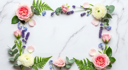 Beautiful blooming floral frame featuring pink roses, white ranunculus, and lavender on a pristine white marble background with central copy space.