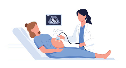 Pregnant woman undergoing ultrasound scan with a medical professional, a symbol of healthcare and prenatal care