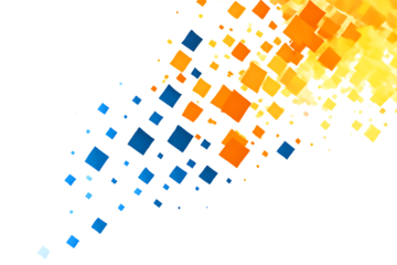 Pattern, abstract of blue and orange squares fading into yellow light on black, cutout, PNG isolated on white or transparent background