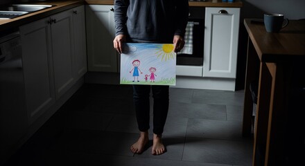 Person holding a child's family drawing in a kitchen, indoors.