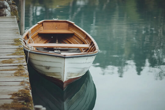 Peaceful wooden boat floating on calm water in serene nature landscape with forest reflections, generative ai