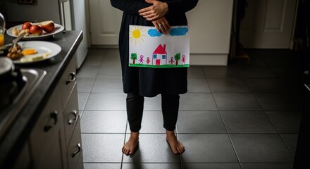Woman holds child's drawing of home in kitchen, barefoot, in morning light