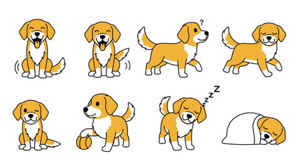 Cute cartoon golden puppy character set with various actions and expressions.