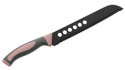 Serrated knife with black blade and pink handle, isolated on transparent background