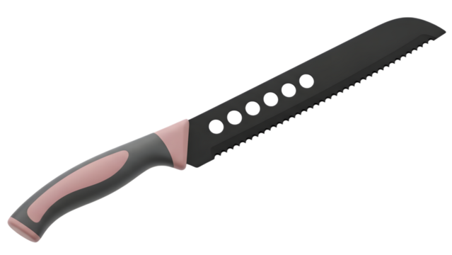 Serrated knife with black blade and pink handle, isolated on transparent background