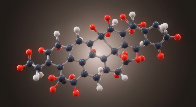 Three dimensional molecular structure representation against a dark gradient background - Powered by Adobe