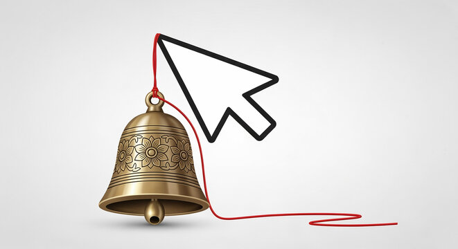 Notification Click Concept: 3D Bronze Bell Icon Hanging from a Computer Mouse Pointer Cursor with Red Thread