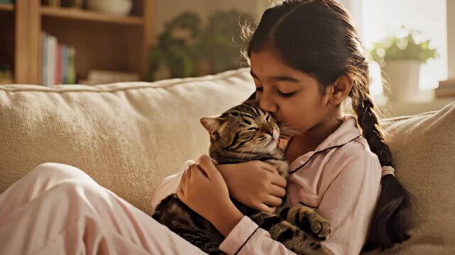 happy indian child girl in pajamas hugging tabby cat on sofa. kid embracing pet with love and care at home. domestic animal owner. lifestyle, childhood, friendship concept.