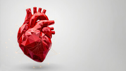 Futuristic low poly red human heart illustration. Abstract geometric anatomical organ concept on light background with copy space.