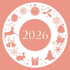 Christmas 2026 greeting card with festive icons and decorative border on pink background