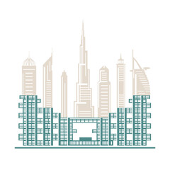 United Arab Emirates skyscrapers silhouette. Dubai buildings, hotels and symbol vector illustration. Dubai city skyline. Towers and landmarks cityscape. Camel. Design for banner, poster or print.