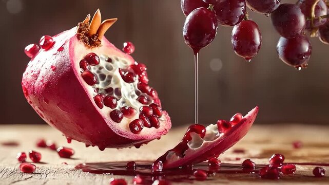 Video Fresh pomegranate sliced open revealing juicy arils, perfect for snacking or using in recipes