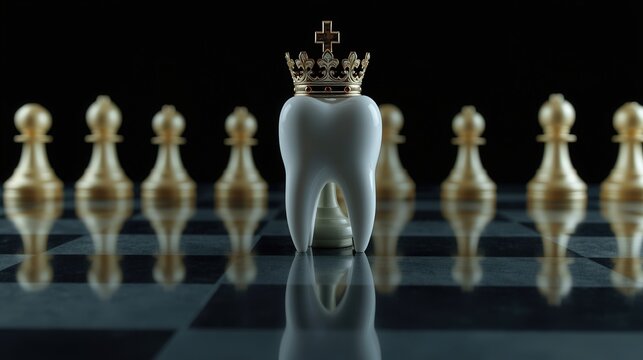 White tooth with gold crown acting as King on chessboard. Dental strategy, implant or leadership concept on dark background.