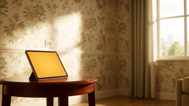 Tablet on a table in a vintage-style room with patterned wallpaper