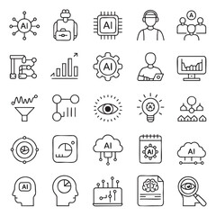 Fototapeta premium Collection of black outline icons representing artificial intelligence concepts and data analysis